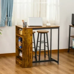 HOMCOM 3 Piece Industrial Dining Table Set, Counter Height Bar Table & Stools Set With Storage Shelf, Rustic Brown