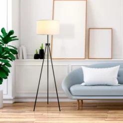 HOMCOM 59.75" Tripod Floor Lamp With Pull Chain Standing, Fabric Lampshade E26 Lamp Holder Steel For Living Room, Bedroom, Office