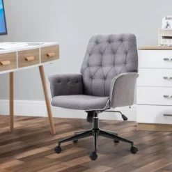 HOMCOM Vinsetto Modern Mid-Back Tufted Linen Home Office Desk Chair With Arms, Swivel Adjustable Task Chair, Upholstery Accent Chair With Soft Seat, Gray