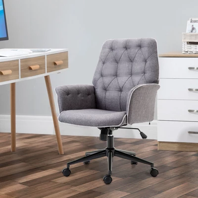 HOMCOM Vinsetto Modern Mid-Back Tufted Linen Home Office Desk Chair With Arms, Swivel Adjustable Task Chair, Upholstery Accent Chair With Soft Seat, Gray 1 HOMCOM Vinsetto Modern Mid-Back Tufted Linen Home Office Desk Chair With Arms, Swivel Adjustable Task Chair, Upholstery Accent Chair With Soft Seat, Gray