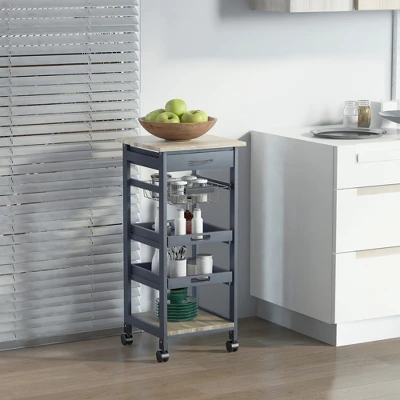 HOMCOM Mobile Rolling Kitchen Island Trolley Serving Cart With Underneath Drawer & Slide-Out Wire Storage Basket, Grey 1 HOMCOM Mobile Rolling Kitchen Island Trolley Serving Cart With Underneath Drawer & Slide-Out Wire Storage Basket, Grey
