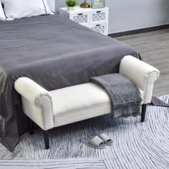 HOMCOM 52" Linen Upholstered Accent Ottoman Bench With Armrests