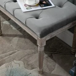 HOMCOM Sitting Bench Tufted Upholstered Fabric Ottoman With Rubberwood Legs For Living Room, Bedroom, Hallway, Grey -Homcom GUEST e959c447 b485 4f84 a1d4 2a83a47f3070