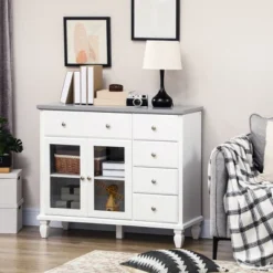 HOMCOM Kitchen Sideboard, Buffet Cabinet With 5 Storage Drawers And Double Glass Door Cupboard For Living Room, White