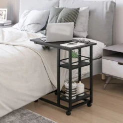 HOMCOM C Shaped End Table With Storage Shelves, Mobile Side Table With Wheels For Sofa Couch, Bed, Metal Frame, Black
