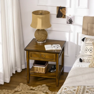 HOMCOM Vintage Side Table For Living Room Or Bedroom Storage End Table With Antique Handle Drawer & Shelf, Wooden Side Table, Set Of 2, Dark Coffee 1 HOMCOM Vintage Side Table For Living Room Or Bedroom Storage End Table With Antique Handle Drawer & Shelf, Wooden Side Table, Set Of 2, Dark Coffee