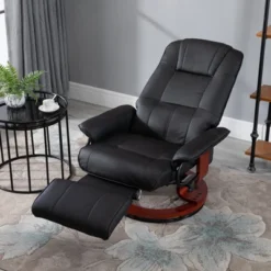 HOMCOM Faux Leather Manual Recliner, Adjustable Swivel Lounge Chair With Footrest, Armrest And Wrapped Wood Base For Living Room