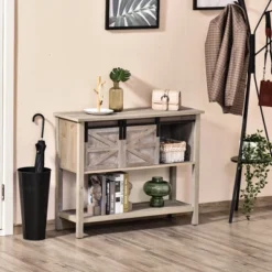 HOMCOM Farmhouse Style Console Table With Sliding Barn Doors And 4 Open Storage Compartments And Elevated Base, Gray