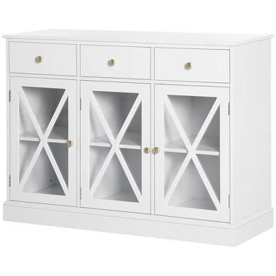 HOMCOM 45" Farmhouse Style Kitchen Sideboard, Serving Buffet Cabinet, Storage Cupboard With Glass Doors And 3 Drawers, White 3 HOMCOM 45" Farmhouse Style Kitchen Sideboard, Serving Buffet Cabinet, Storage Cupboard With Glass Doors And 3 Drawers, White - Image 3