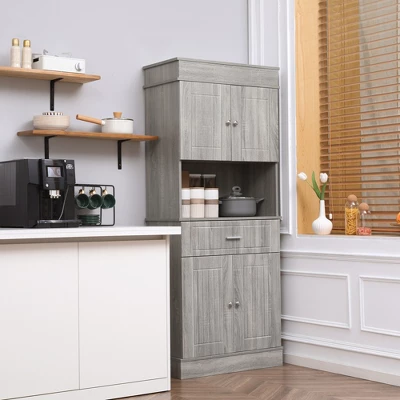 HOMCOM 72" Kitchen Buffet With Hutch, Freestanding Pantry Cupboard With Utility Drawer, 2 Door Cabinets And Countertop, Grey Wood Grain 2 HOMCOM 72" Kitchen Buffet With Hutch, Freestanding Pantry Cupboard With Utility Drawer, 2 Door Cabinets And Countertop, Grey Wood Grain - Image 2