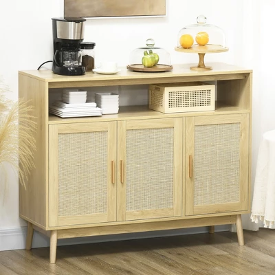 HOMCOM Kitchen Sideboard With 2 Cabinets, Boho Buffet Cabinet With 3 Rattan Decorated Doors And Adjustable Shelf, Coffee Bar Cabinet 1 HOMCOM Kitchen Sideboard With 2 Cabinets, Boho Buffet Cabinet With 3 Rattan Decorated Doors And Adjustable Shelf, Coffee Bar Cabinet