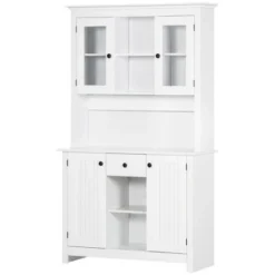 HOMCOM Freestanding Rustic Buffet With Hutch, 4 Doors Farmhouse Kitchen Pantry Cabinet, Microwave Stand With Beadboard Panel, Drawer, White -Homcom GUEST faa2edc3 f508 4bd1 8860 842a439ad3ab