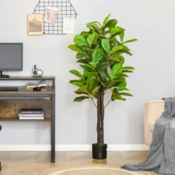 HOMCOM 5FT Artificial Fiddle Leaf Fig Tree, Faux Decorative Plant In Nursery Pot For Indoor Or Outdoor Décor