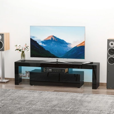 HOMCOM High Gloss TV Stand Cabinet With Remote Controlled LED Lights, Media TV Console Table With Storage Compartment For TVs Up To 65", Black 1 HOMCOM High Gloss TV Stand Cabinet With Remote Controlled LED Lights, Media TV Console Table With Storage Compartment For TVs Up To 65", Black