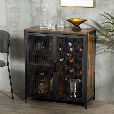 HOMCOM Industrial Wine Rack For 9 Bottles, Retro Liquor Cabinet With Glass Holders, Mesh Doors, And Storage Shelf For Home Bar, Dining Room, Brown 1 HOMCOM Industrial Wine Rack For 9 Bottles, Retro Liquor Cabinet With Glass Holders, Mesh Doors, And Storage Shelf For Home Bar, Dining Room, Brown